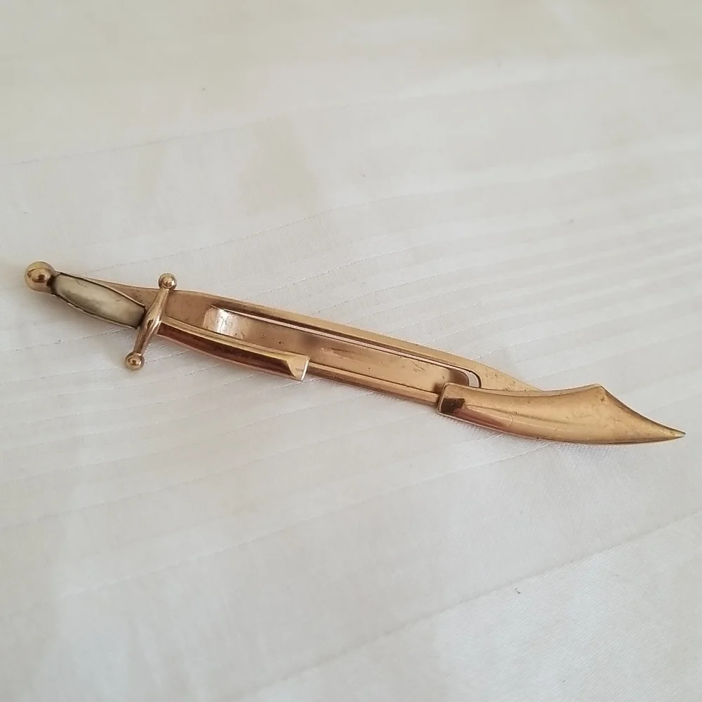 Vintage Swank Sword Tie Bar Clip Gold Mother of Pearl Handle